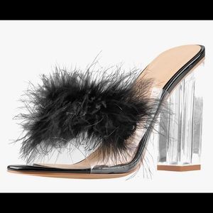Black Feather Clear Chunky Heel Sandals